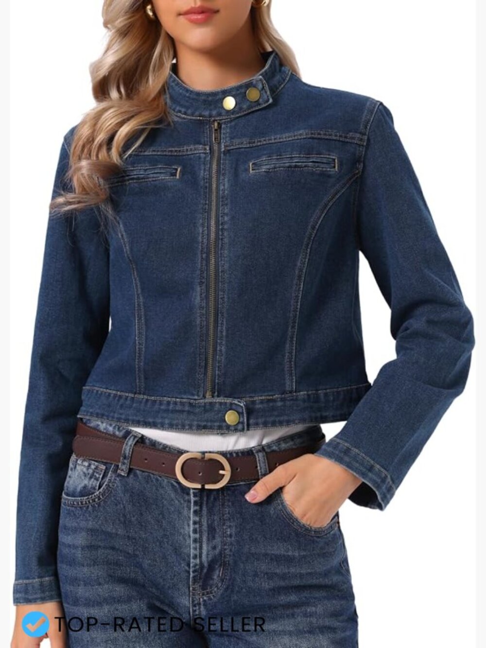 Cropped Zip Up Denim Jacket Women Y2K Retro Moto Stand Collar Long Sleeve Fitted